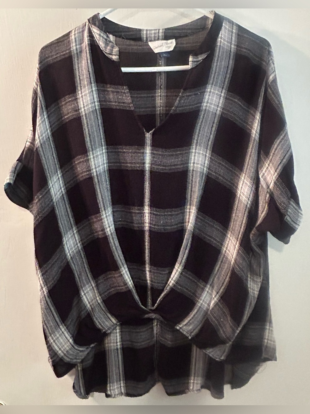 Universal Thread Black and White Plaid Twist-Front Short-Sleeve Tunic Top Size L